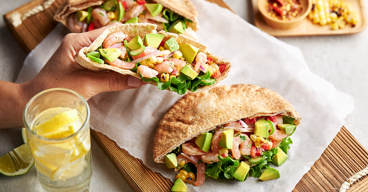 Pitas with Nordic Shrimp Salad, Grilled Corn, and Avocado | Avocados from Mexico